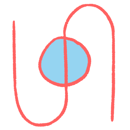 a drawing of a light blue circle, with a large pink sideways S over top of it, with the middle of the S intersecting the centre of the circle. the lines are thick.